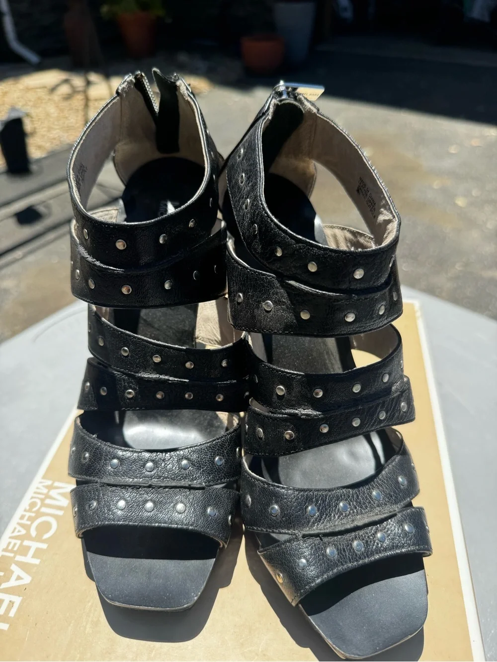 Michael Michael Kors Astor Black Leather Studded Heeled Sandals | Size 8.5